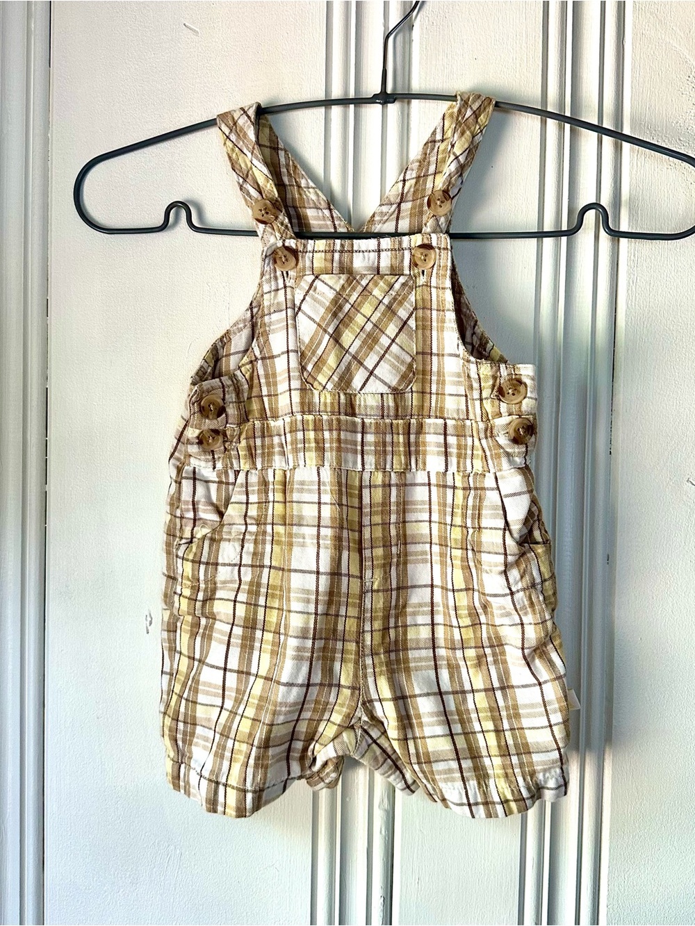 Savannah Baby Plaid Cotton Kids Overalls - Tan & White